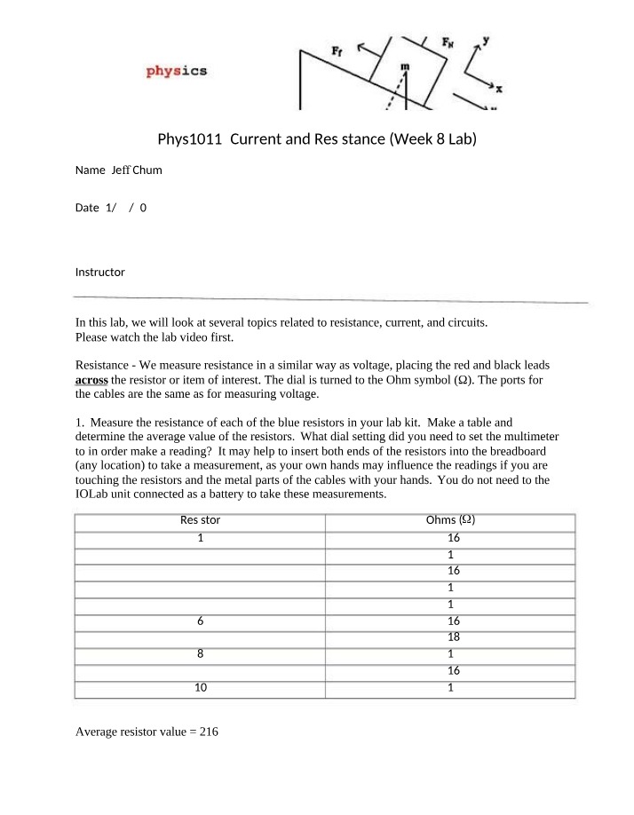 Week 8 Lab - Current and Resistance (Phys1011)