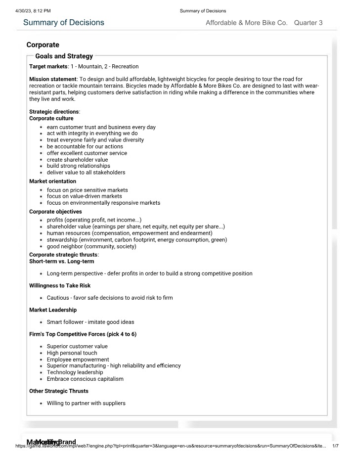 Affordable & More Bike Co. - Quarter 3 Summary of Decisions