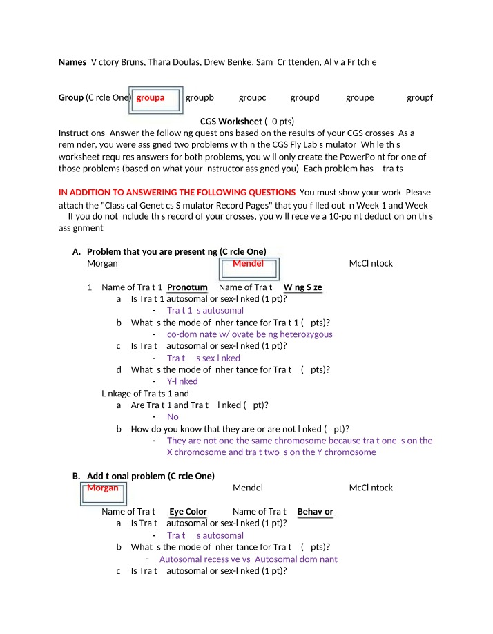 Worksheet - CGS Crosses, Traits, Inheritance, and Linkage