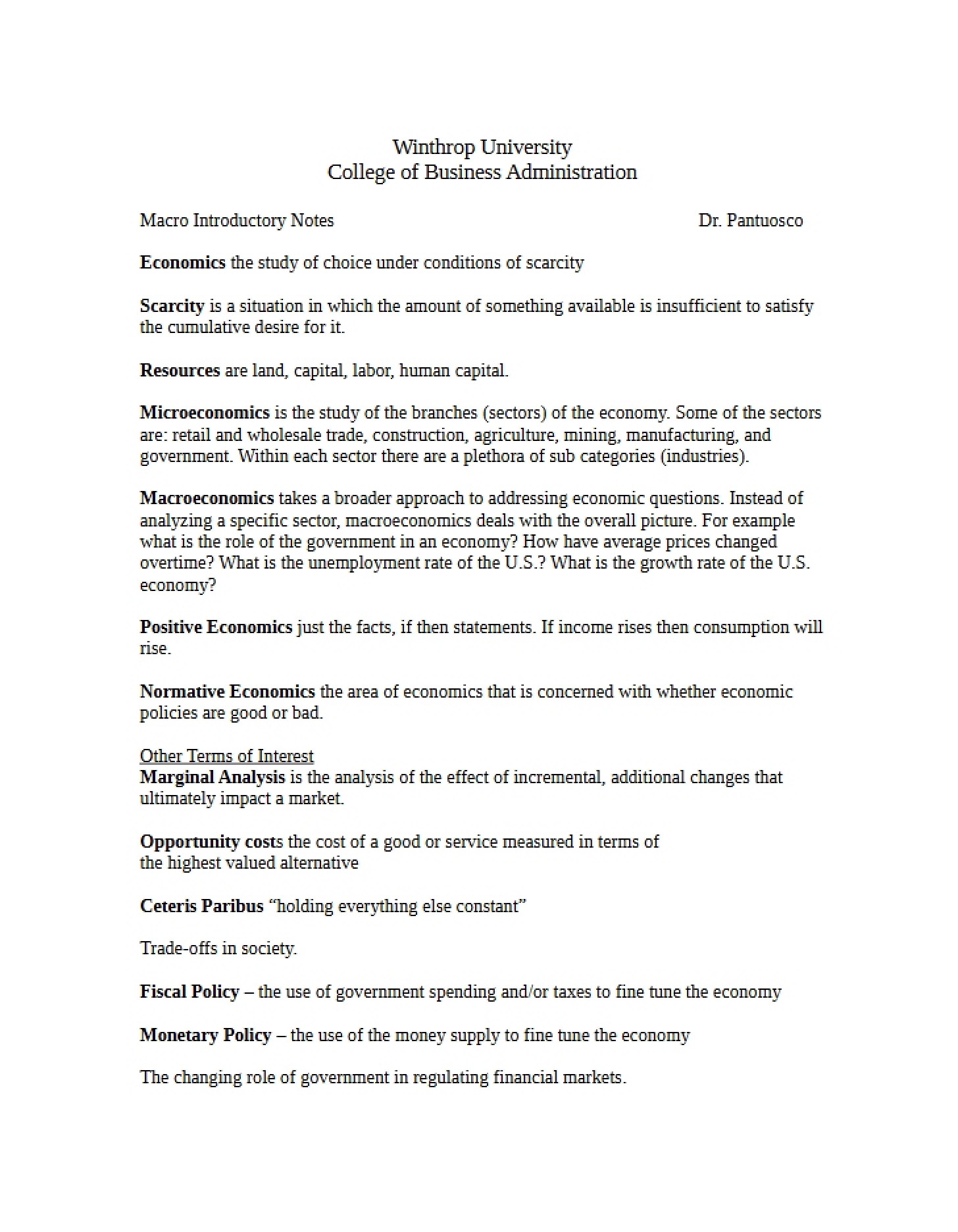 Introductory Notes for Macro