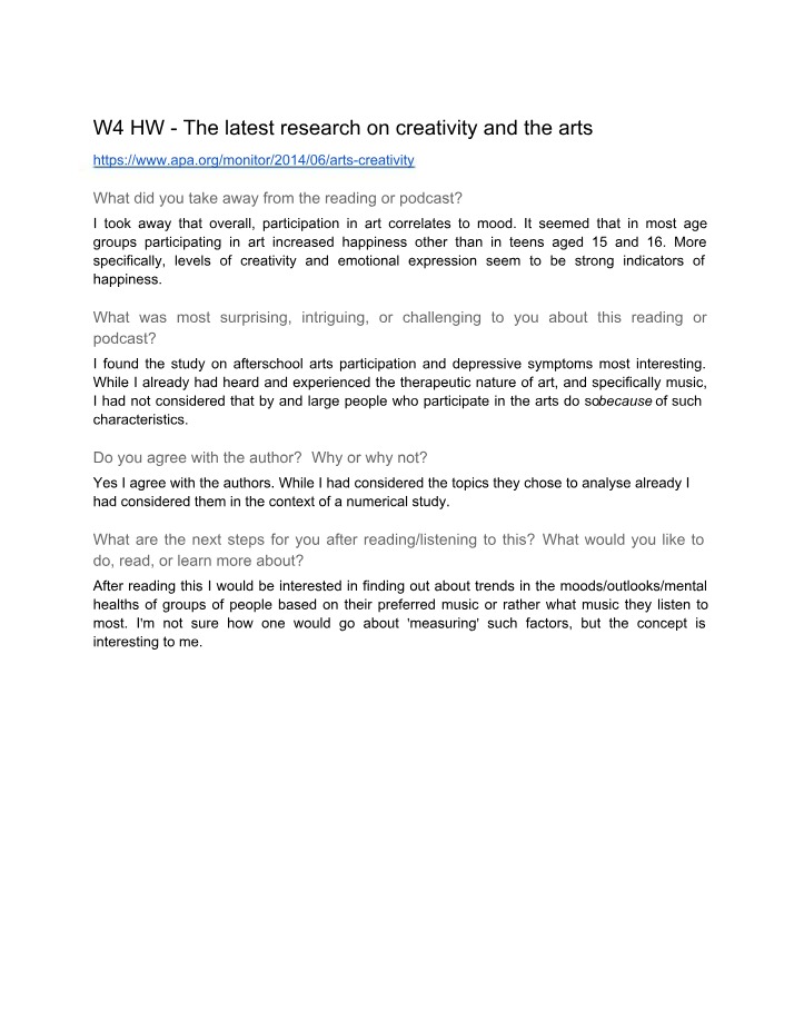 Week 4 Homework - Creativity and the Arts Research