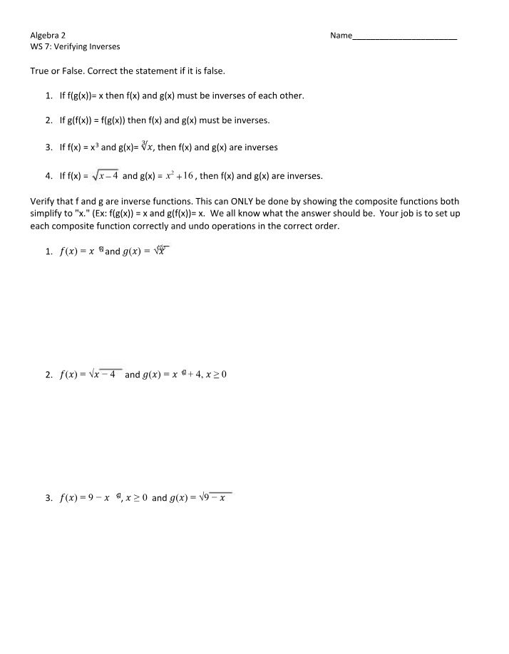 Worksheets for Understanding Inverse Functions in Algebra 2