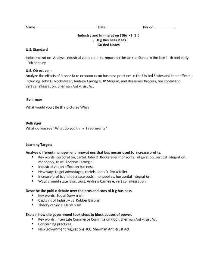Guided Notes - Industry and Immigration 1865-1914