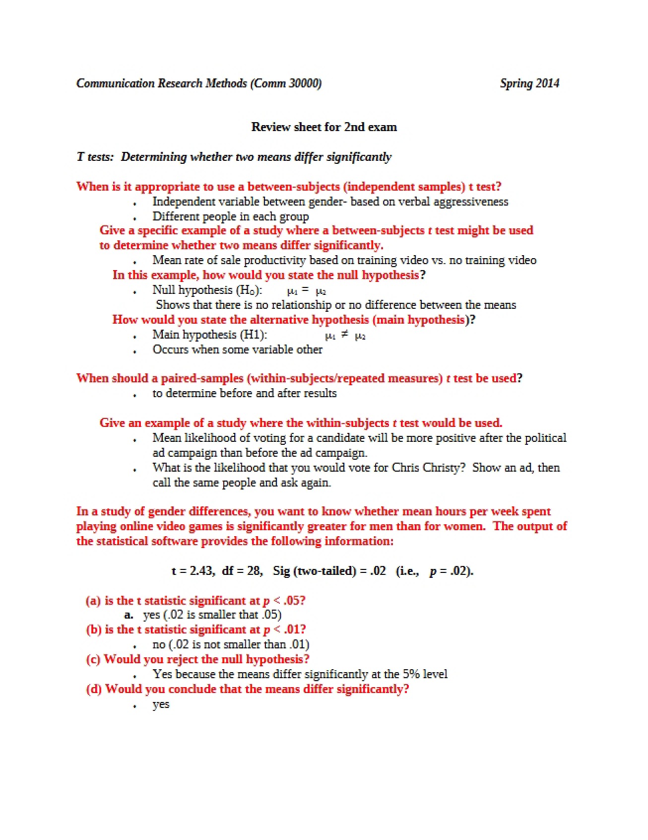 Second Exam Review Sheet