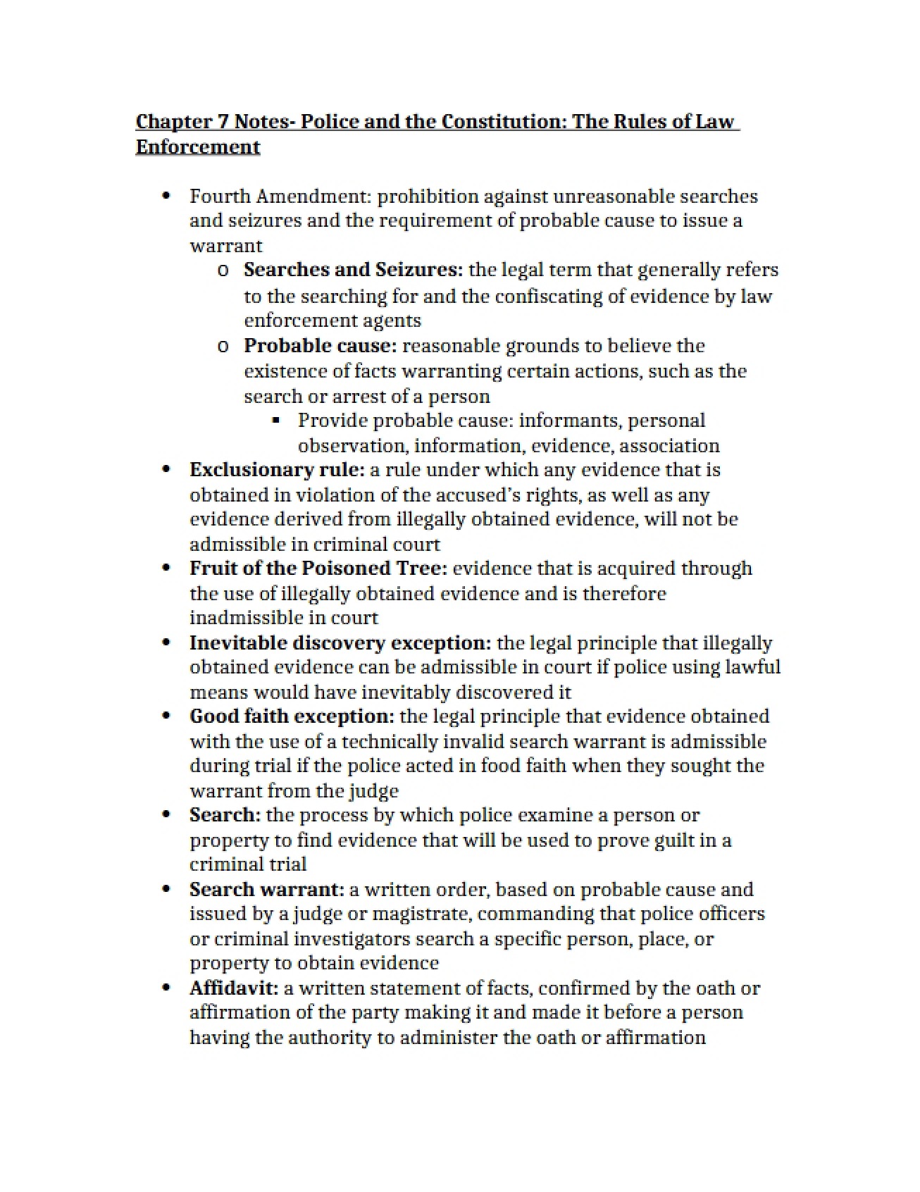 Chapter 7 Notes Police and the Constitution - The Rules of Law Enforcement