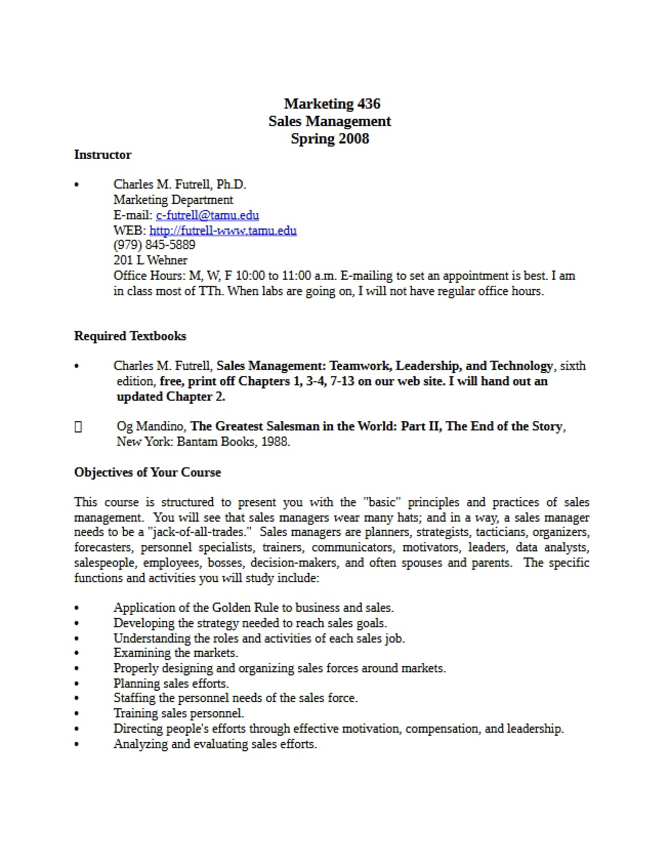 Spring 2007 Sales Management Syllabus