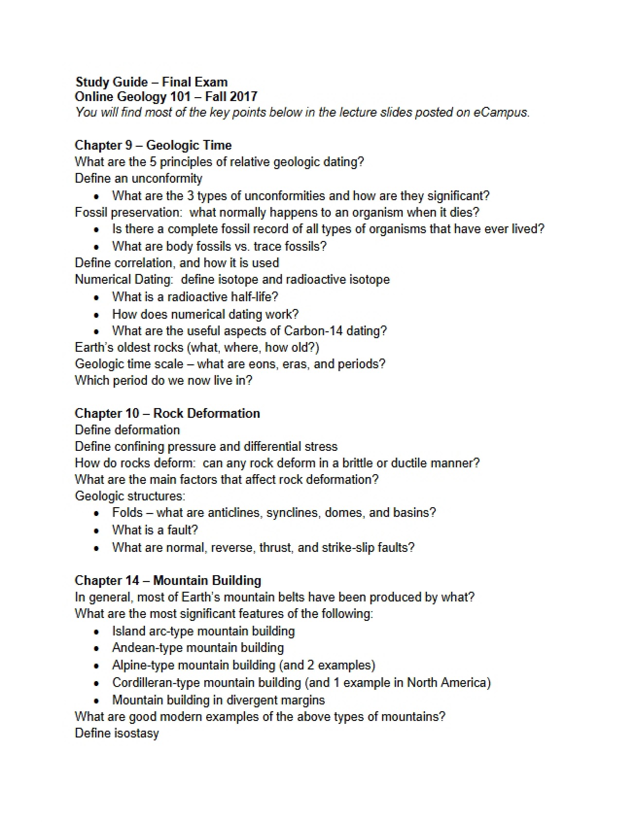 Final Exam Study Guide from Fall 2017 for Principles of Geology