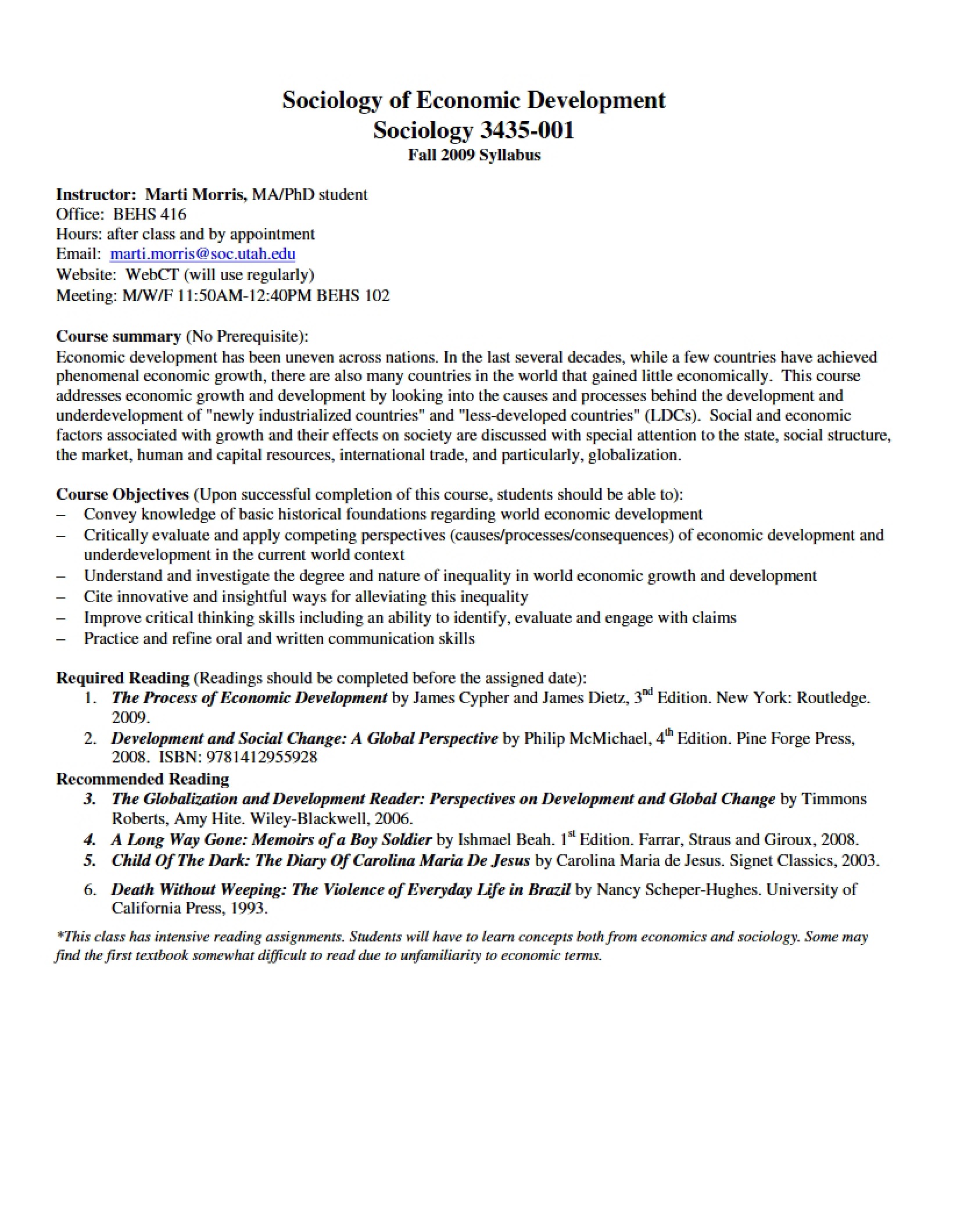 Syllabus for Sociology of Economic Development