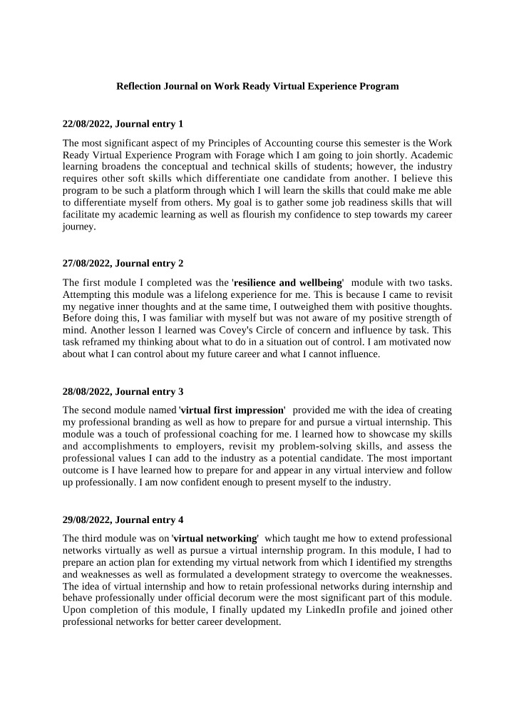 Work Ready Virtual Experience Program Reflection Journal