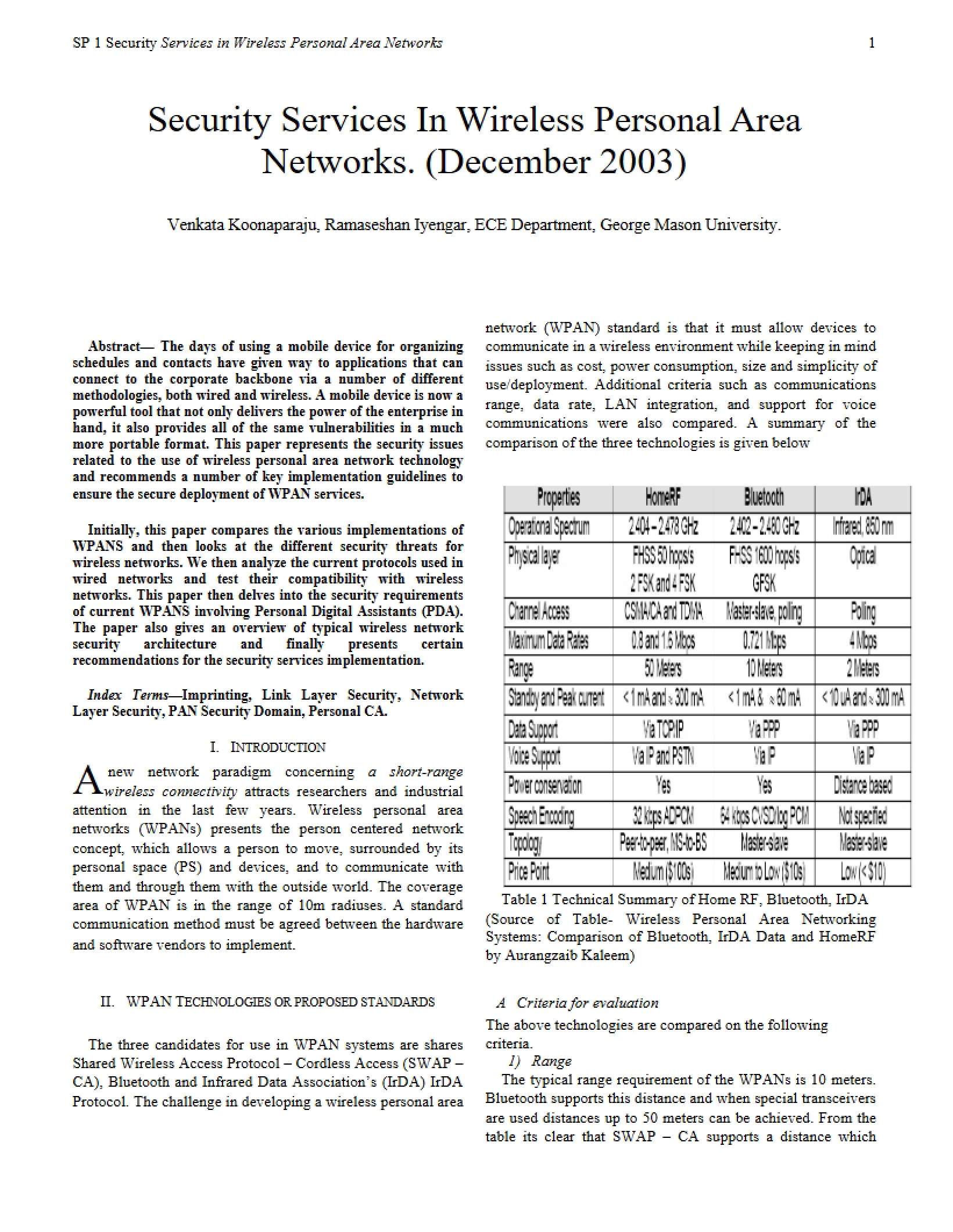 Wireless Personal Area Network Security Services