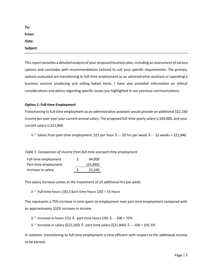 Business Plan Analysis - Full-Time Employment