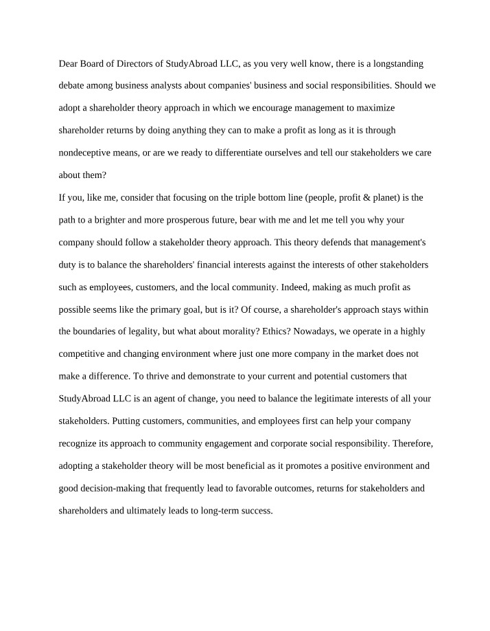 Stakeholder Theory Approach for StudyAbroad LLC