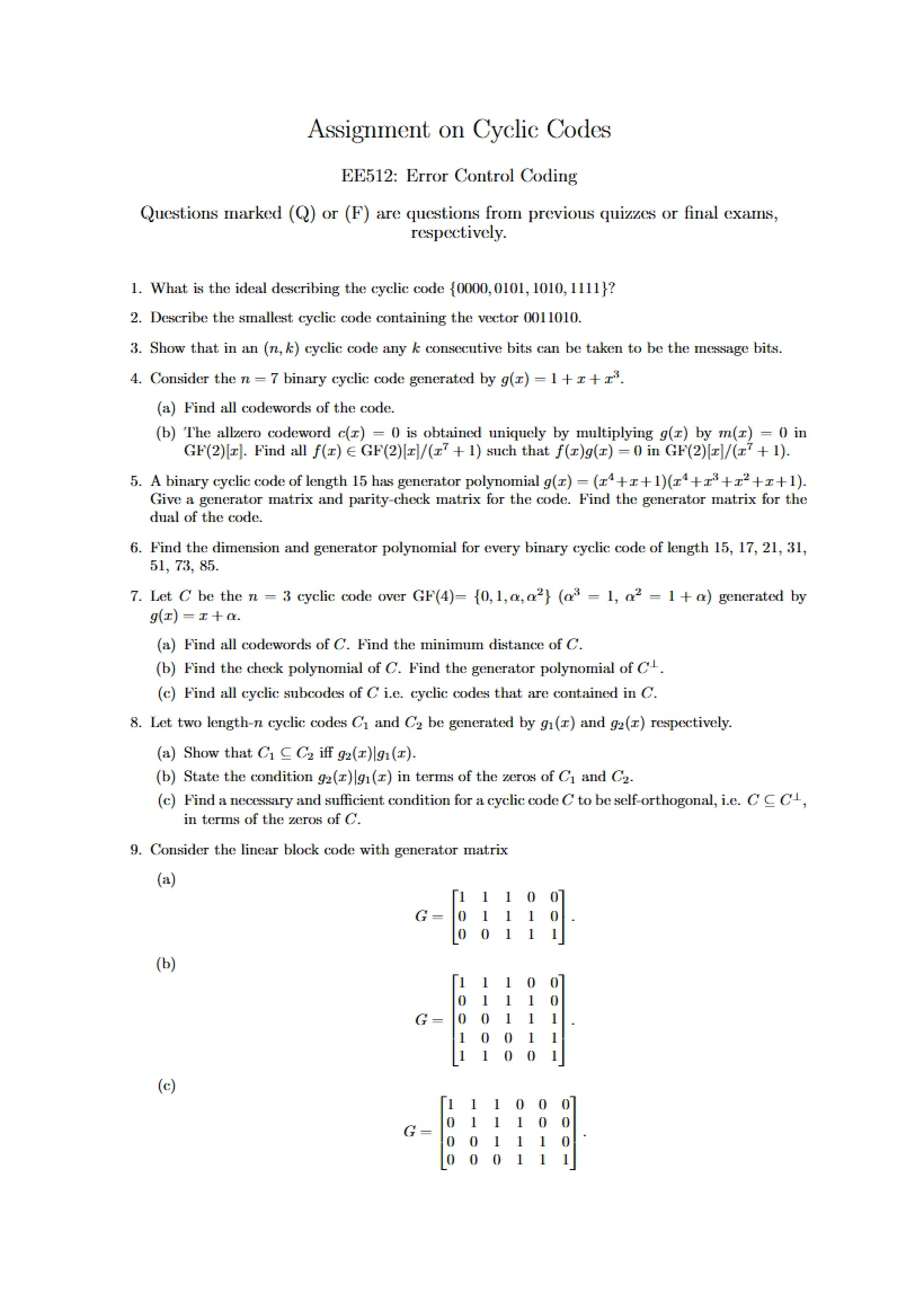 Cyclic Codes Assignment