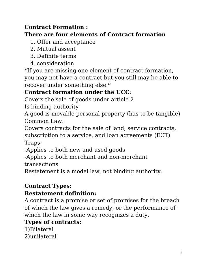 Contracts 1 - Short Study Outline