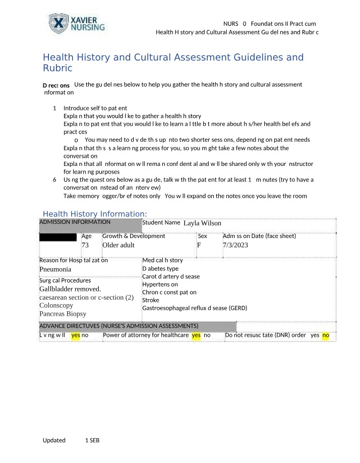 NURS 203 - Health History and Cultural Foundations