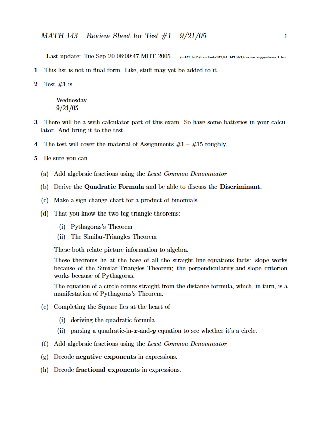 Review Sheet for the First Test in College Algebra