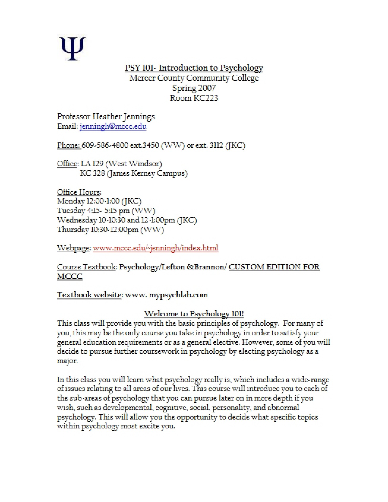 Course Outline Intro to Psychology