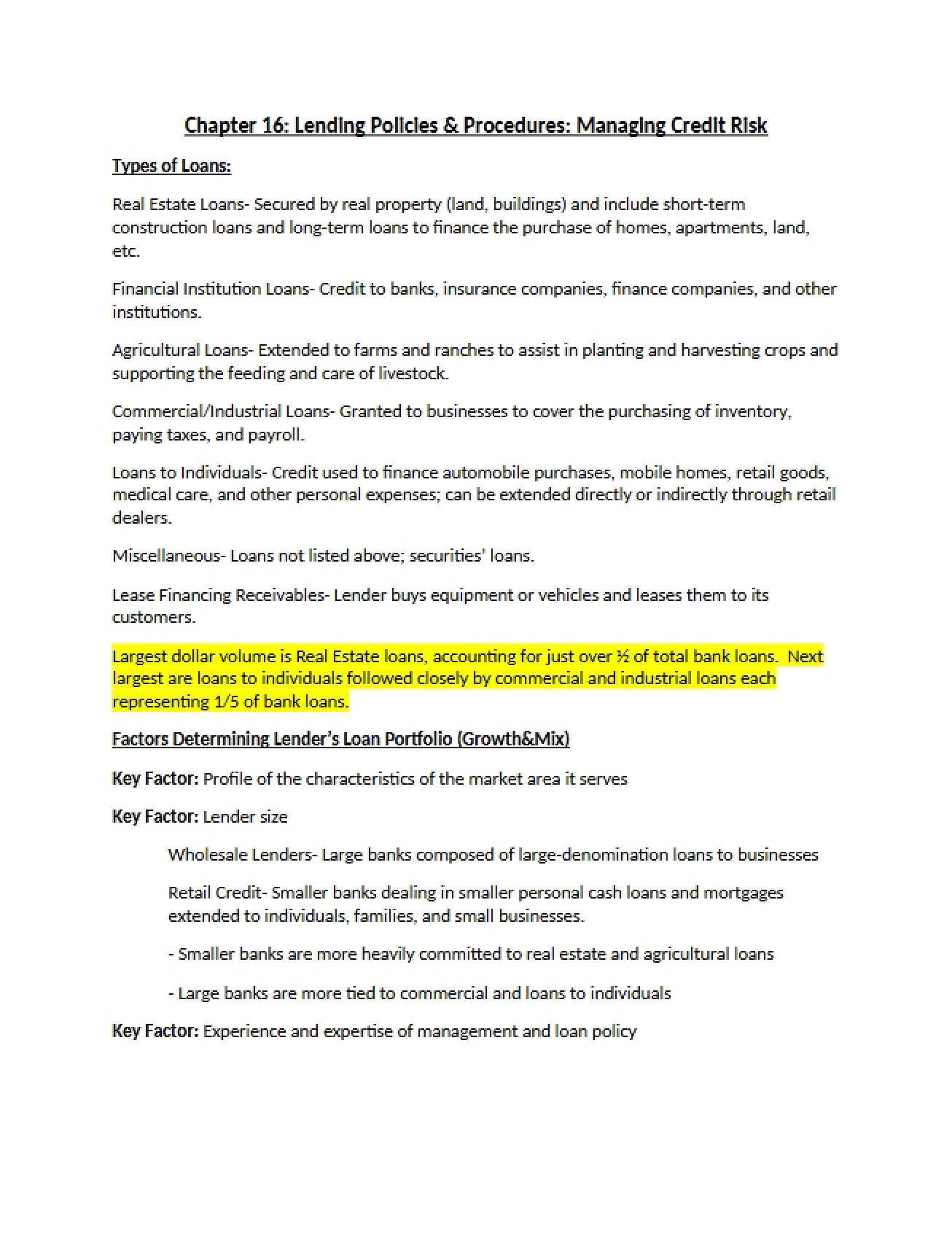 Chapter Sixteen's Guide to Lending Policies and Procedures