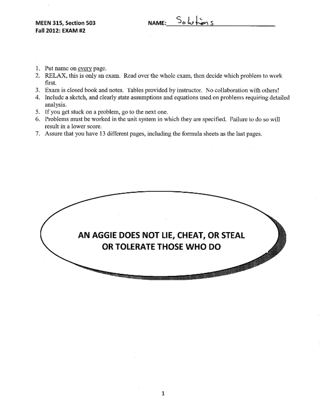 MEEN 315 Exam Two Solutions (2012, Version C)