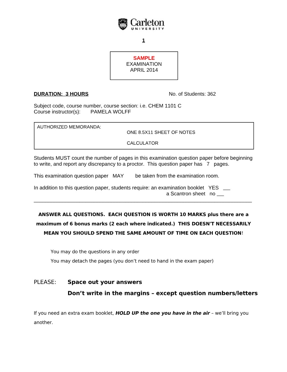 Sample Final Examination - CHEM 1101 C (April 2014)