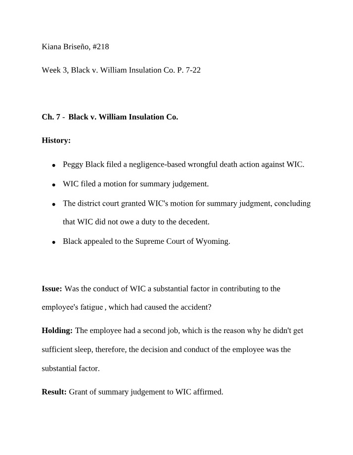 Case Summary - Black v. William Insulation Co