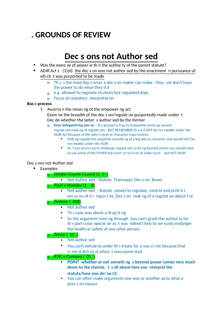 Grounds of Review - Decisions Not Authorized