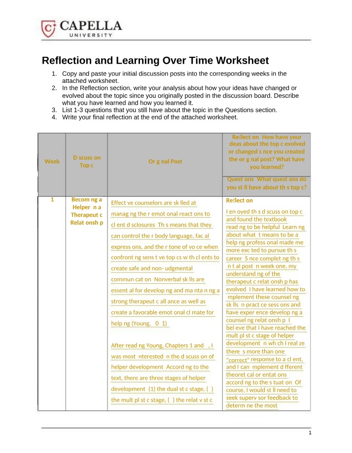 Worksheet on Reflection and Learning Over Time