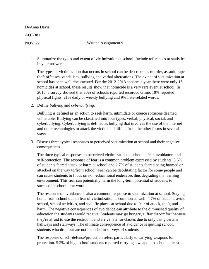 Victimology Written Assignment 9