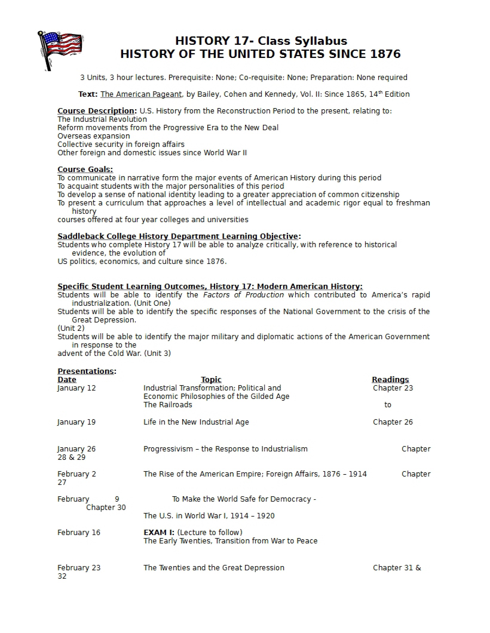 Syllabus US History Since 1876 - HIST 17