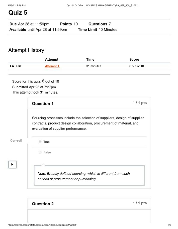 Quiz 5 - Sourcing Processes in Global Logistics Management