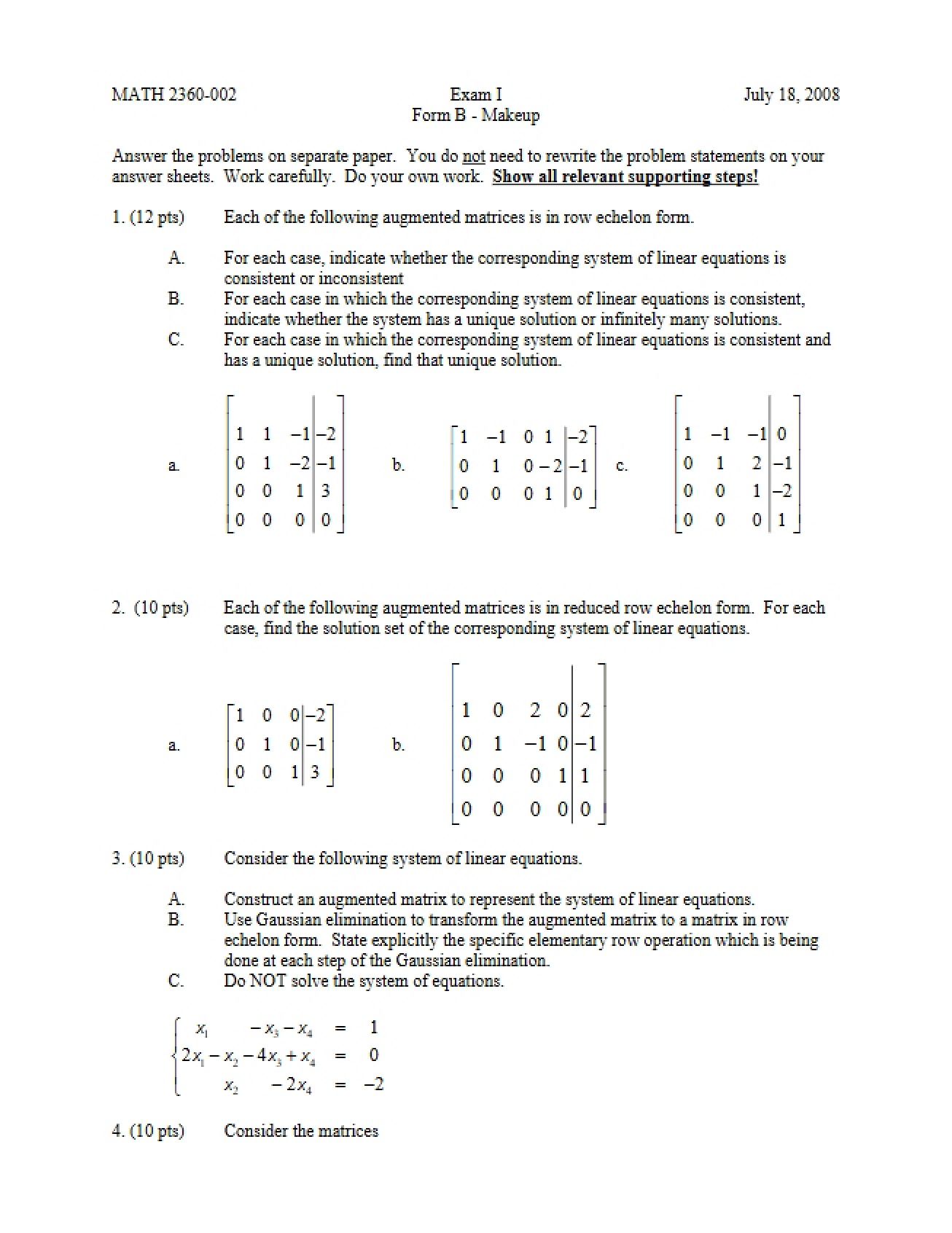 MATH 2360 Exam I - MATH 2360