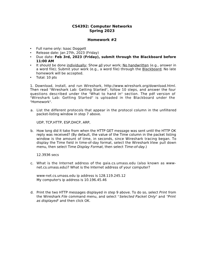 Wireshark Lab - Protocols, HTTP Timing, and IP