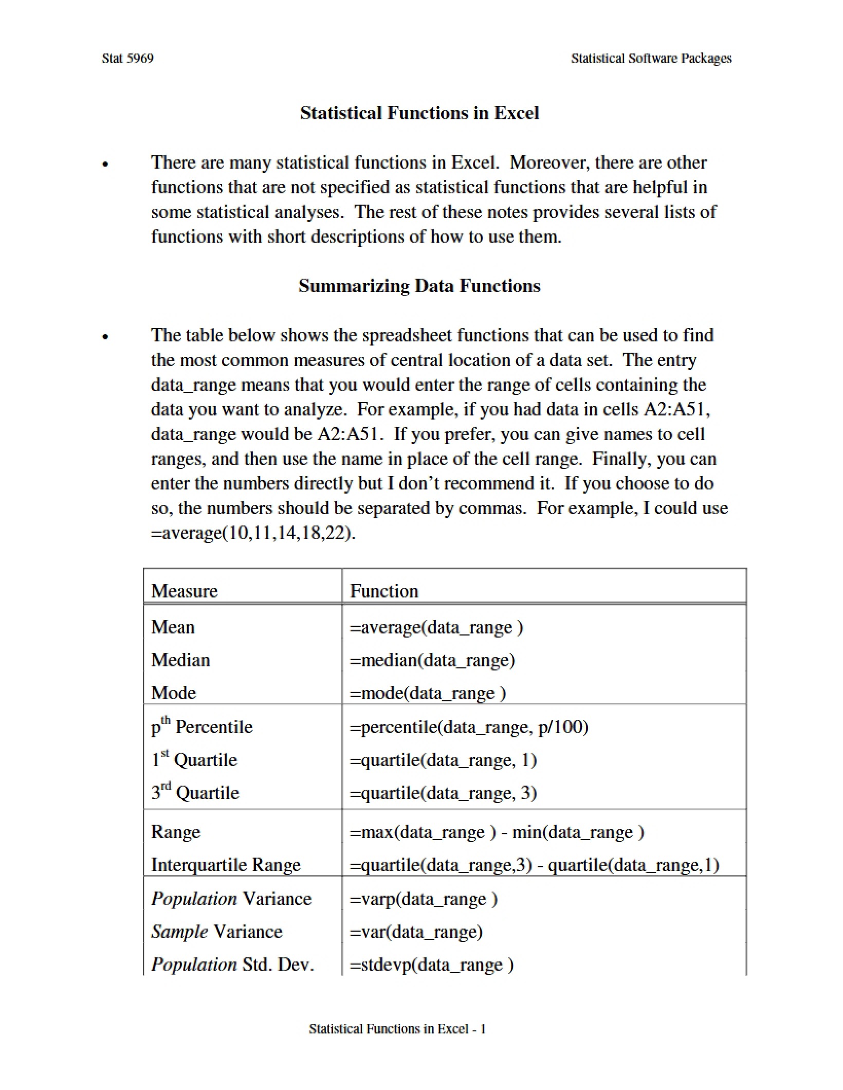 Statistical Formulas in Excel
