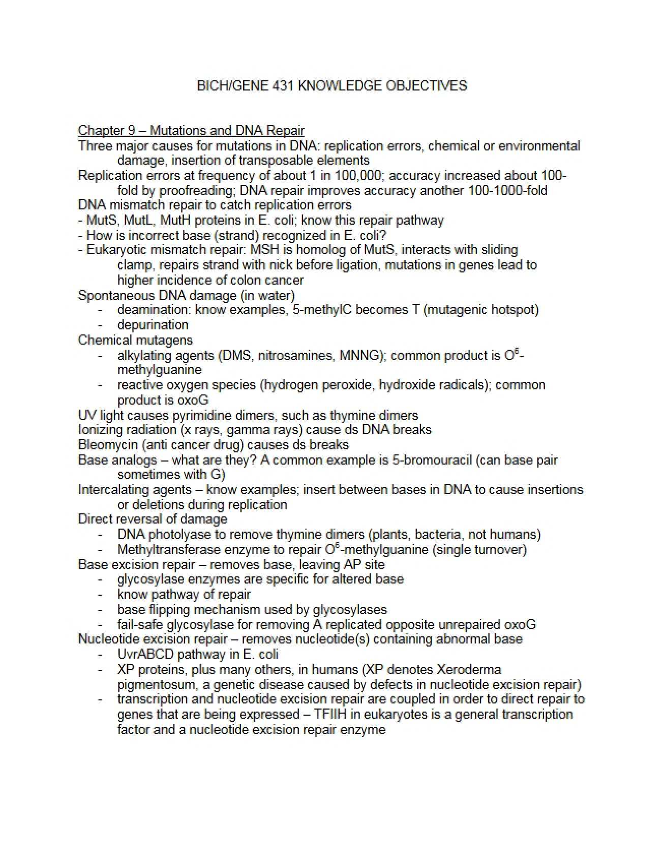 Set of Knowledge Objectives for Chapter 9 of Molecular Genetics