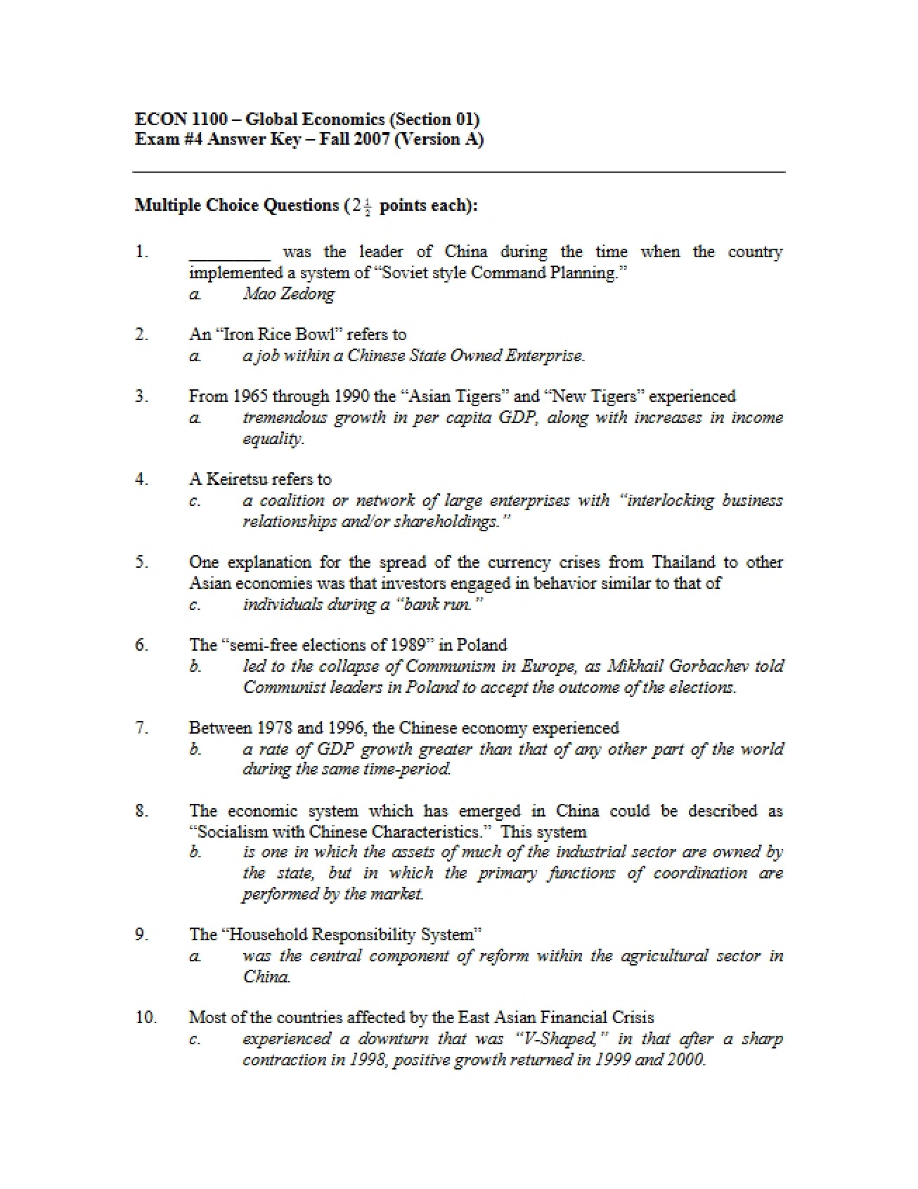 Global Economics (ECON 1100) Test Four