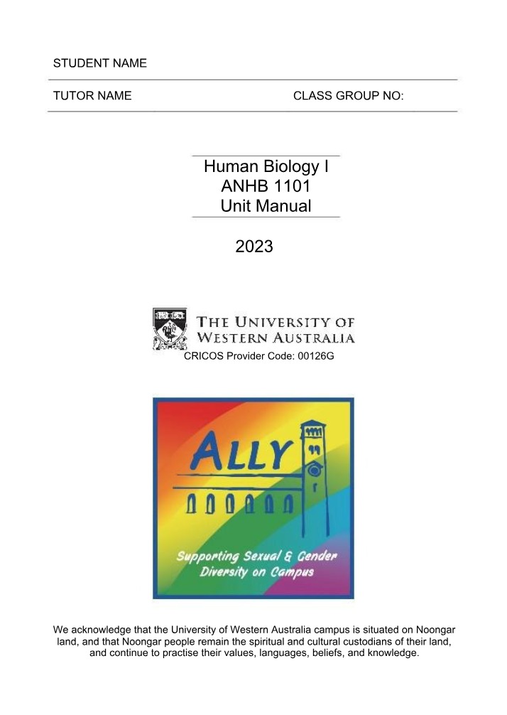 ANHB1101 Human Biology I Unit Manual