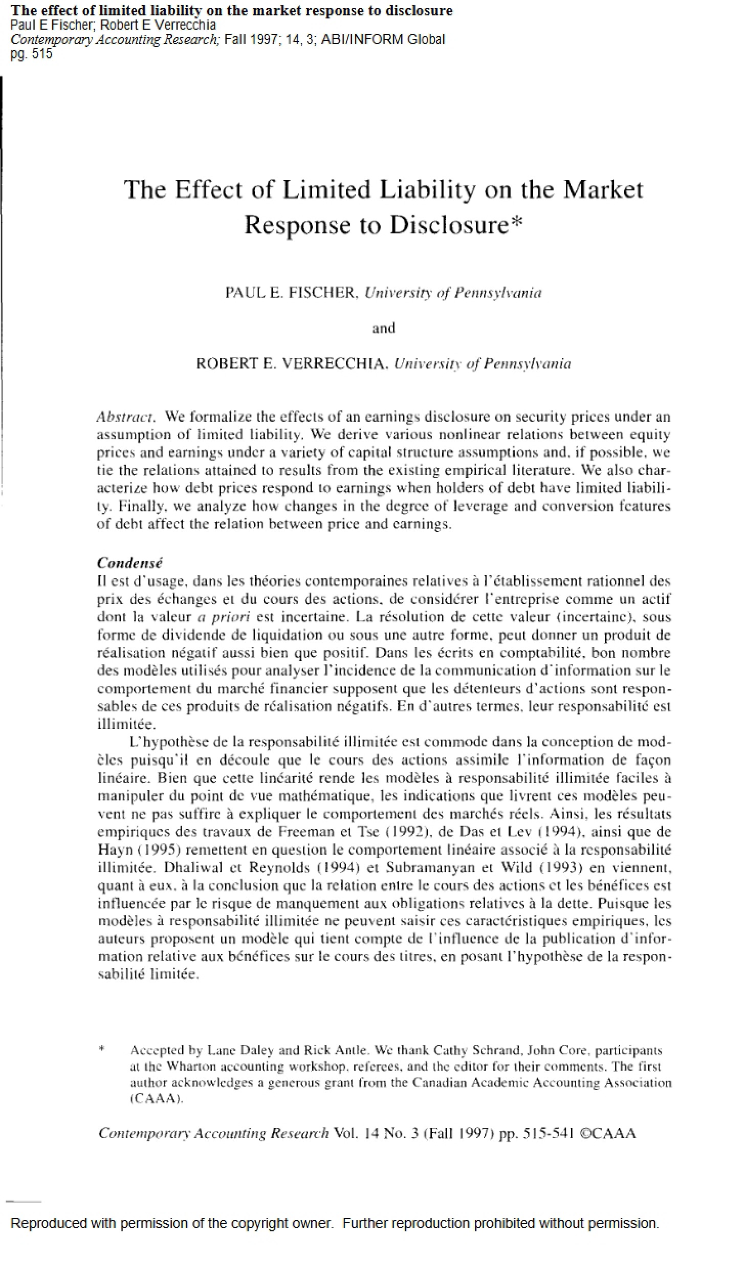 Limited Liability Market Effects