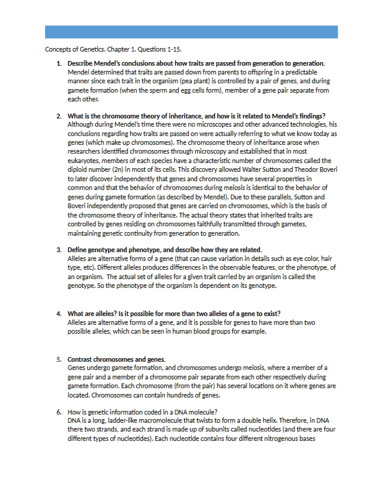 Genetics Homework Chapter One