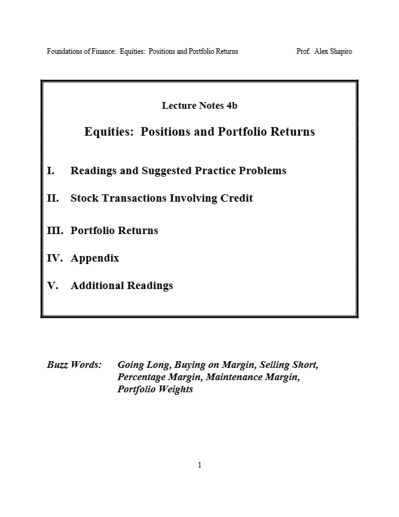 Returns on Portfolios and Equity Positions