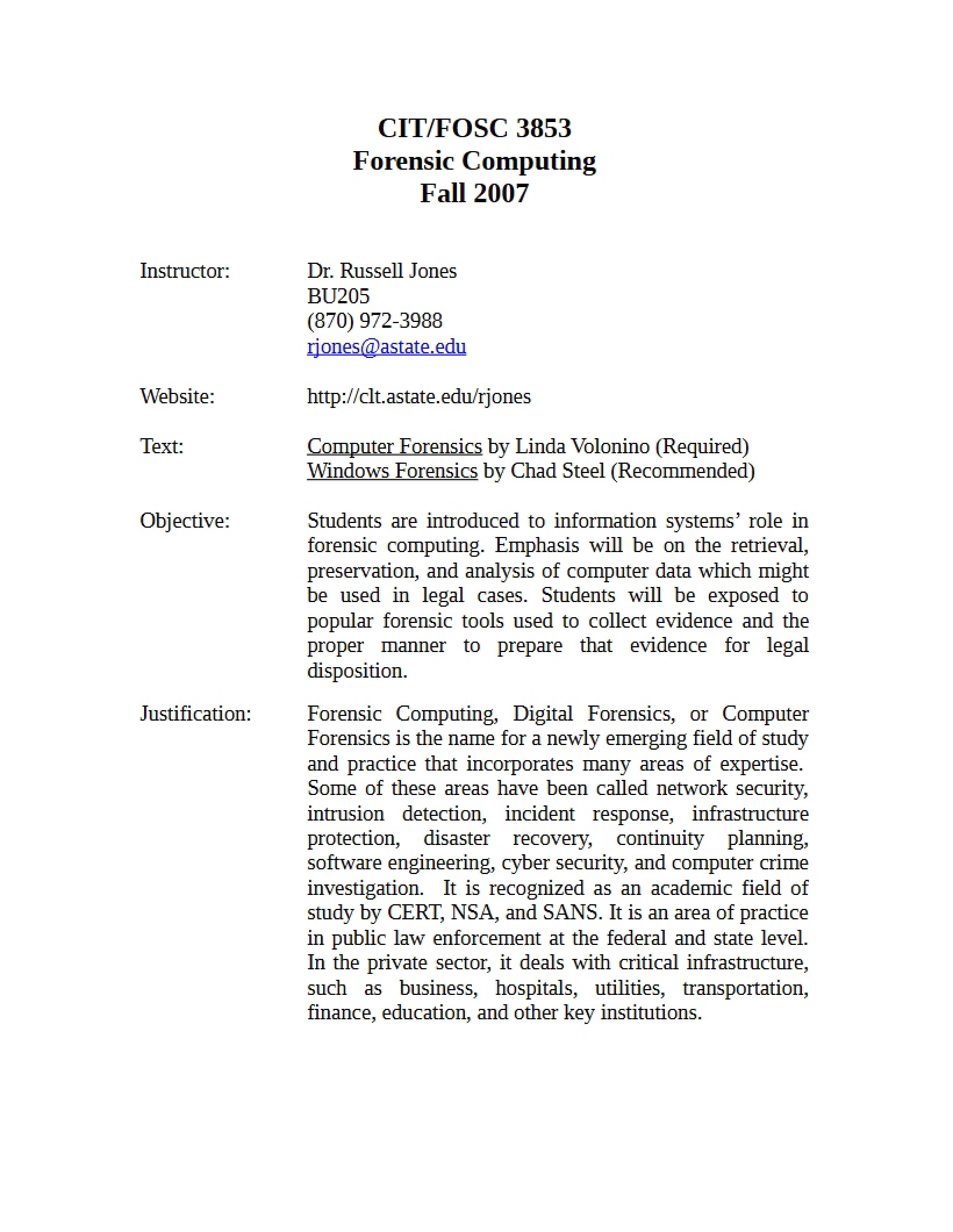 Computer Forensics Syllabus
