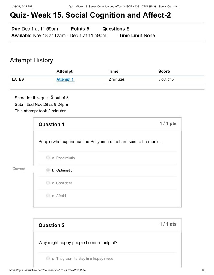 Week 15 Quiz on Social Cognition and Affect
