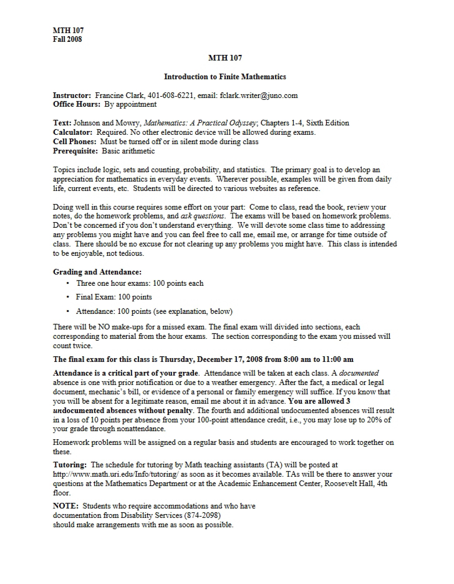 MTH 107 Course Outline