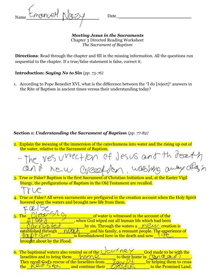 Worksheet on the Sacrament of Baptism