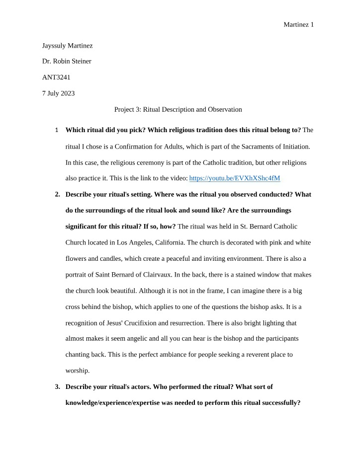Analysis of Confirmation Ritual in the Catholic Tradition