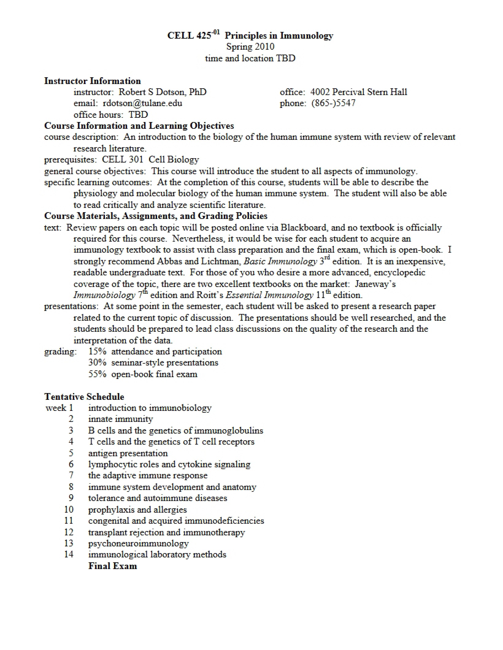 Immunology Principles Syllabus