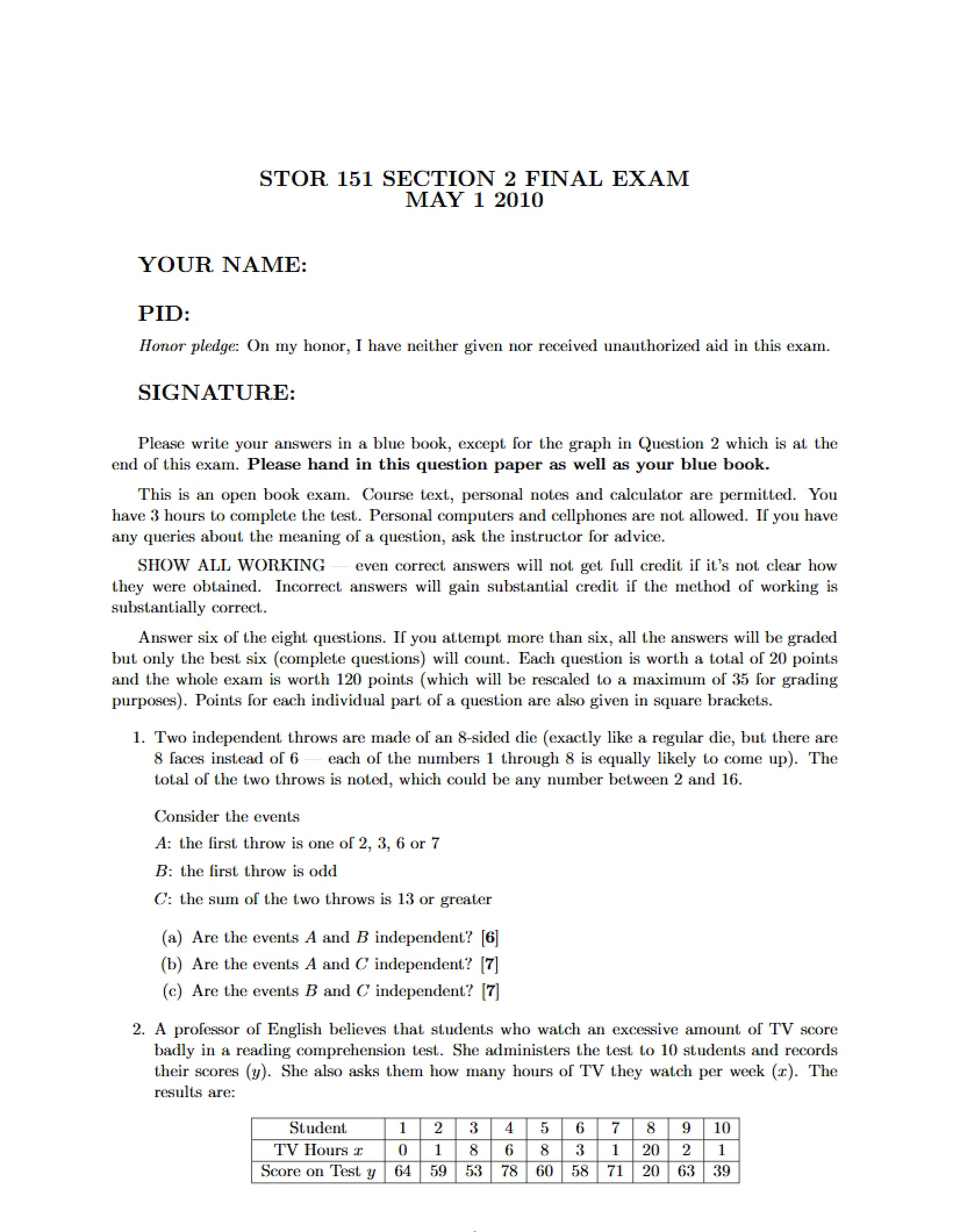 Final Exam STOR 151