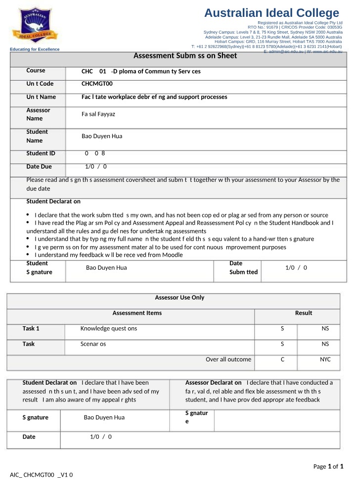 Assessment Submission Sheet for CHC52015 Diploma Part 1
