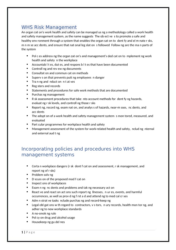 WHS Risk Management for a Safe and Healthy Workplace