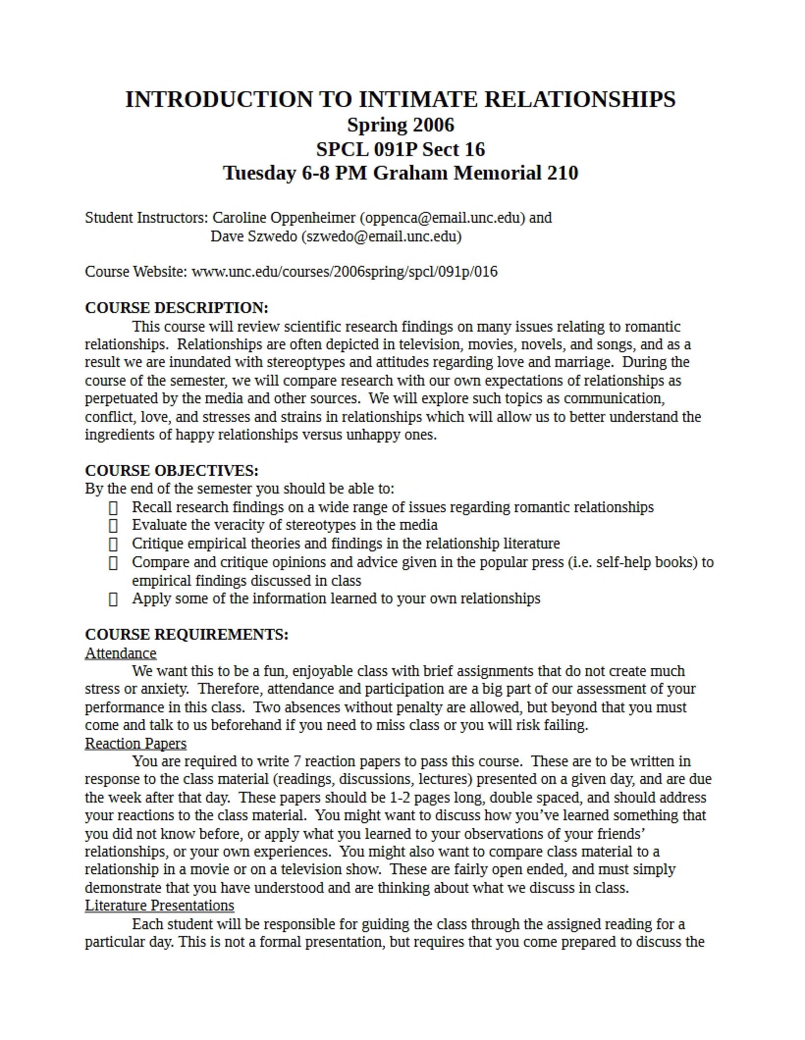 Intimate Relationships Syllabus