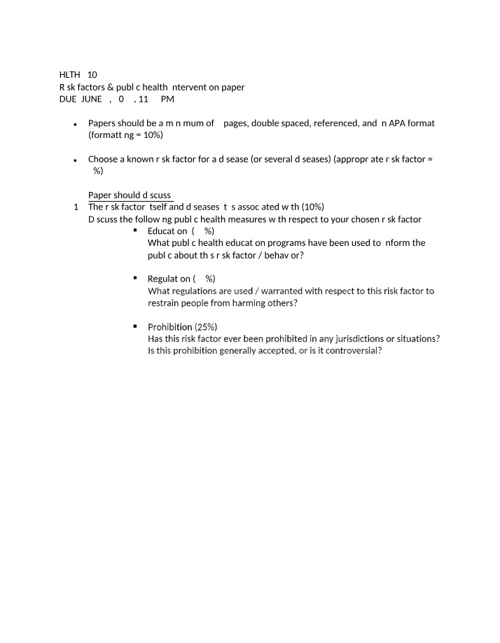 Paper on Public Health Intervention and Risk Factors